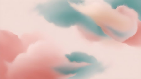 Dreamy gradient art with soft, cloudy transitions of teal, coral, and pale yellow, abstract and peaceful moodの素材