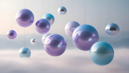 Abstract gradient spheres floating in a dreamy background, color transitions of lavender, baby blue, and silver.の素材