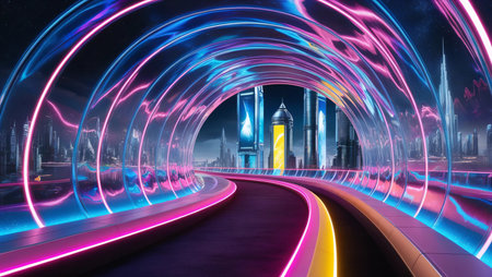 background, A glowing neon tunnel leading, symbolizing a bright futureの素材