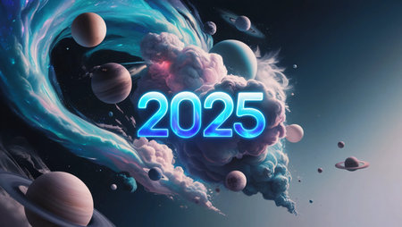background new year 2025, An abstract space-themed design with planets and 2025 written in glowing textの素材