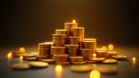 Golden coins stacked with futuristic lighting, saving and invest conceptの素材