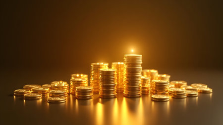 Golden coins stacked with futuristic lighting, saving and invest conceptの素材