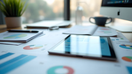 Blurred Office table with documents, charts, and digital tablet.の素材