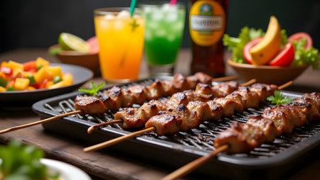 A lively Brazilian churrasco barbecue spread with grilled meat skewers, colorful salads, and tropical cocktails in the background.の素材