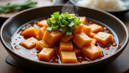 An artistic plating of Korean kimchi with bubbling broth, tofu cubes, and green onions, served with a side of steamed rice.の素材