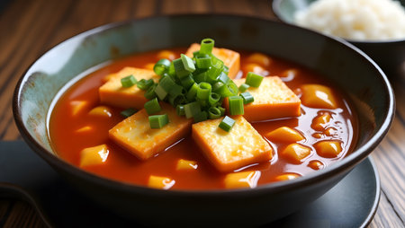 An artistic plating of Korean kimchi with bubbling broth, tofu cubes, and green onions, served with a side of steamed rice.の素材