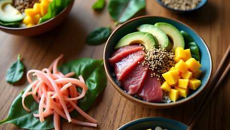 colorful Hawaiian poke bowls with fresh tuna, avocado, mango, and sesame seeds, served with chopsticks.の素材