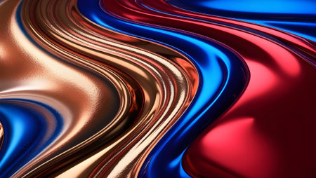 Abstract fluid gradient in metallic bronze, sapphire, and ruby hues, glossy finish and soft texturesの素材