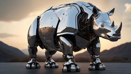 A robotic rhinoceros with a sleek metallic design and glowing eyes,の素材