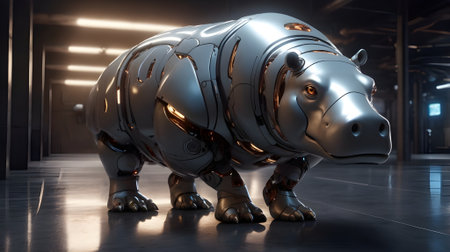 A robotic Hippopotamus with a sleek metallic design and glowing eyes,の素材