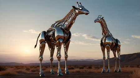 A robotic Giraffe with a sleek metallic design and glowing eyes,の素材