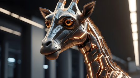 A robotic Giraffe with a sleek metallic design and glowing eyes,の素材