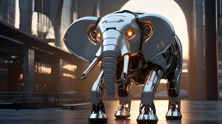 A robotic elephant with a sleek metallic design and glowing eyes,の素材