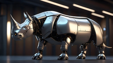 A robotic rhinoceros with a sleek metallic design and glowing eyes,の素材