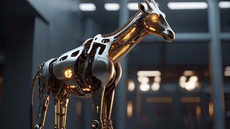 A robotic Giraffe with a sleek metallic design and glowing eyes,の素材