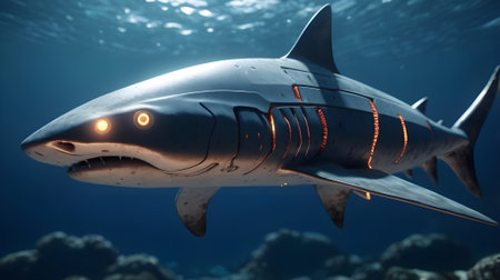 robotic fish shark under the sea with a sleek metallic design. with glowing eyesの素材