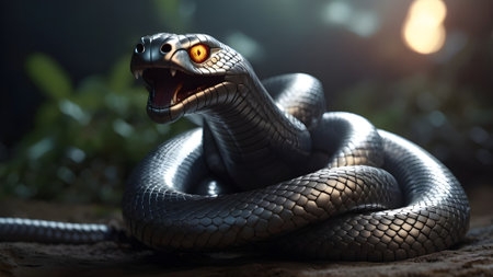 Robotic king Cobra with sleek metallic design and glowing eyes,の素材