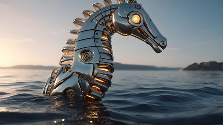 A Robotic Seahorse  with sleek metallic design and glowing eyes,の素材