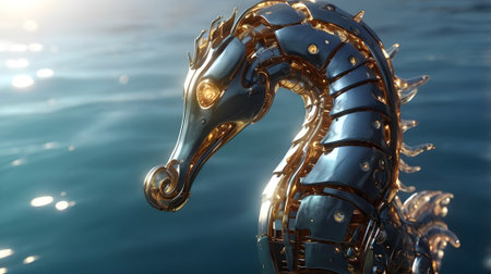 A Robotic Seahorse  with sleek metallic design and glowing eyes,の素材