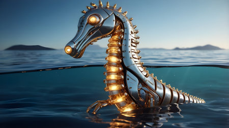A Robotic Seahorse  with sleek metallic design and glowing eyes,の素材