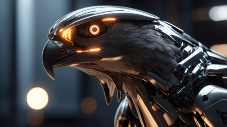 A Robotic bird Hawk  with sleek metallic design and glowing eyes,の素材