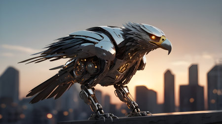 A Robotic bird eagle  with sleek metallic design and glowing eyes,の素材