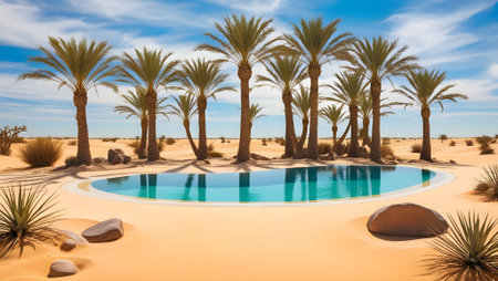 A desert oasis with a crystal-clear pool, surrounded by palm trees and golden sandsの素材