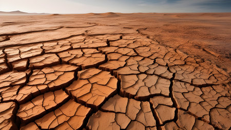 A close-up of a cracked earth texture in a dry desert, with intricate patterns and warm tonesの素材