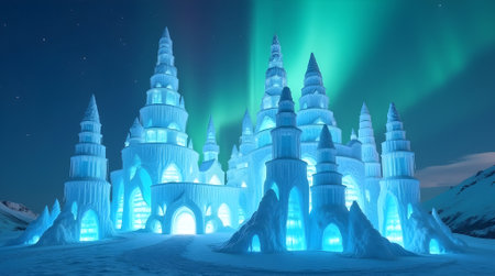 magical ice castle glowing with blue light under the soft glow of the northern lightsの素材