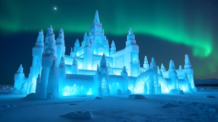 magical ice castle glowing with blue light under the soft glow of the northern lightsの素材