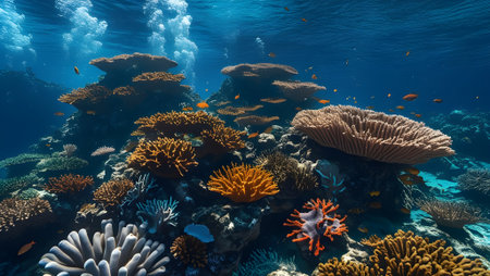 deep underwater coral reef with vibrant marine life, illuminated by sunlight from above. purpose for backgroundの素材