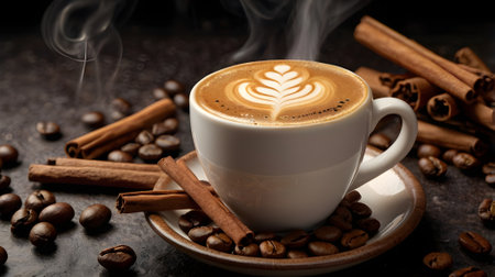 Aromatic coffee beans and cinnamon sticks surround a cup of hot coffee.の素材