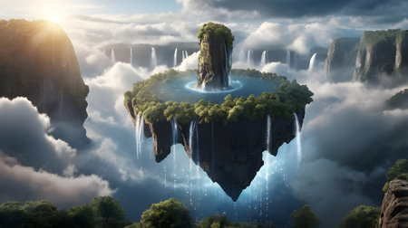 floating island in the sky with waterfalls falling into the clouds below, glowing crystals embedded in rocksの素材