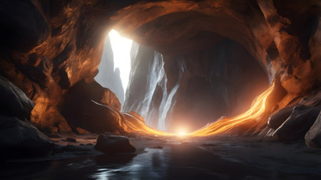 glowing portal in the middle of a mysterious cave, purpose for background.の素材