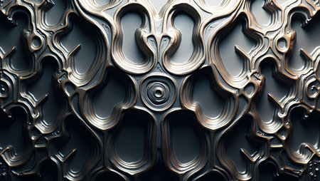 futuristic metallic texture with reflective surfaces and intricate geometric patterns.の素材