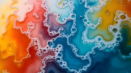 close-up of oil and water mixing, creating beautiful swirling colors and bubblesの素材