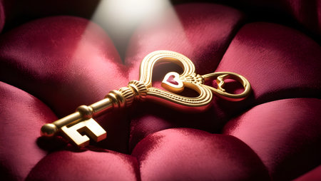Golden key heart or love with red background, symbolizing velentine dayの素材
