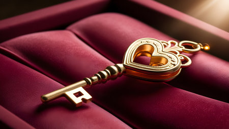 Golden key heart or love with red background, symbolizing velentine dayの素材