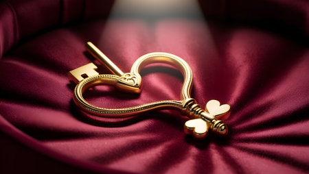 Golden key heart or love with red background, symbolizing velentine dayの素材