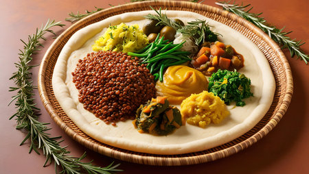 A vibrant Ethiopian injera platter with colorful sides of lentils, vegetables, and stews, presented on a traditional woven basket trayの素材