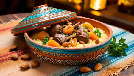 An authentic Moroccan tagine with tender lamb, apricots, almonds, and couscous, served in a traditional clay pot with decorative patternsの素材