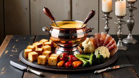 A luxurious Swiss cheese fondue pot with bread cubes, vegetables, and charcuterie, set on a rustic wooden table with soft candlelightの素材