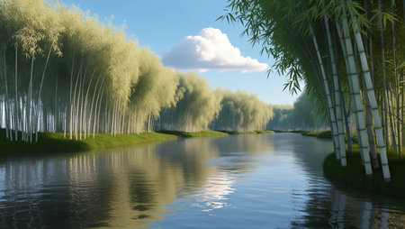 A calm river surrounded by bamboo groves, soft green tones.の素材