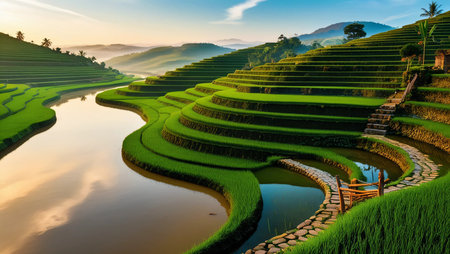 A calm river surrounded by rice terraces, soft golden lightの素材