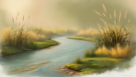 A slow-flowing river surrounded by wild grasses and reeds, soft tones of green and gold.の素材