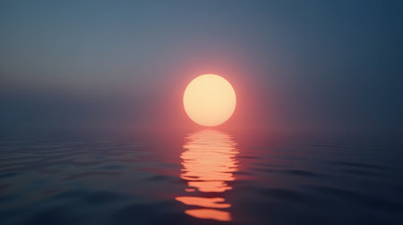 surreal glowing orb floating over a tranquil water surface at twilightの素材