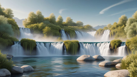 A mountain river with cascading waterfalls, surrounded by soft green foliage.の素材