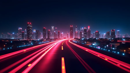digital art piece of glowing neon lines forming an abstract cityscapeの素材