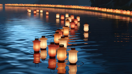 A reflective river at twilight with glowing lanterns floating, surrounded by soft shadows.の素材