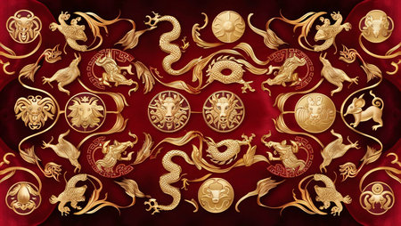 seamless pattern of Chinese zodiac signs in gold .symbolizing of chinese new year celebrationの素材